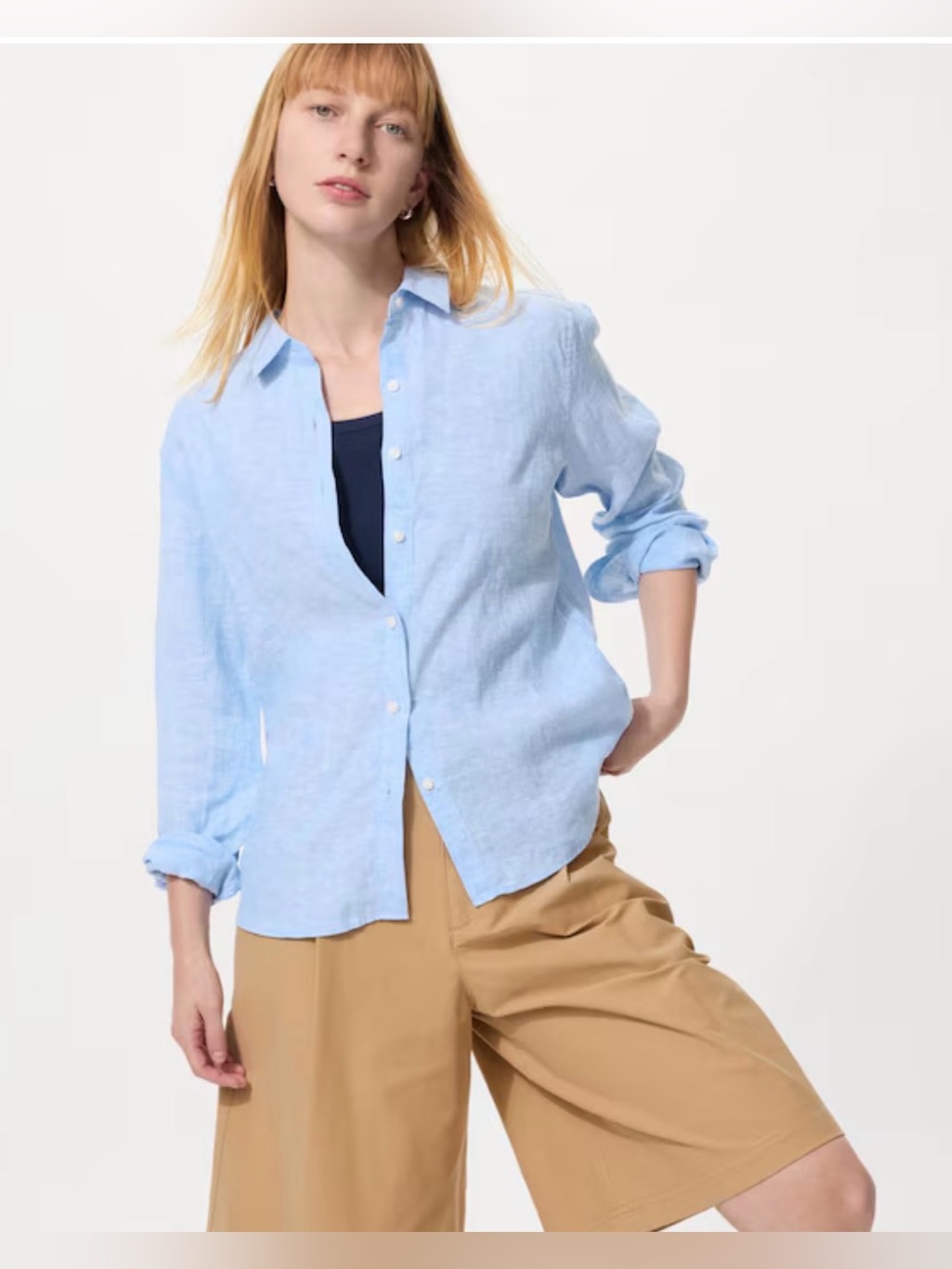 Uniqlo Women's Premium Blue Linen Shirt Large  Button-down Relaxed Fit  Classic